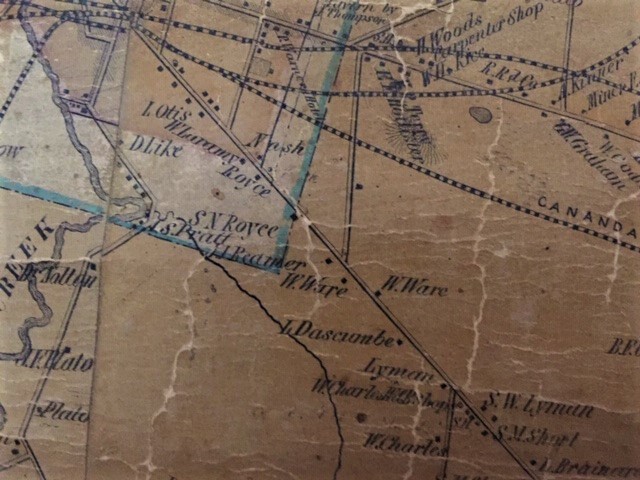 This is the location in 1854 where land was purchased on Ellicott St Rd, Batavia for $3047; 20 acres from William Laramy and 8 from William Ware. The location is just outside the southeast corner of the Village of Batavia where Cedar St meets Ellicott St. 