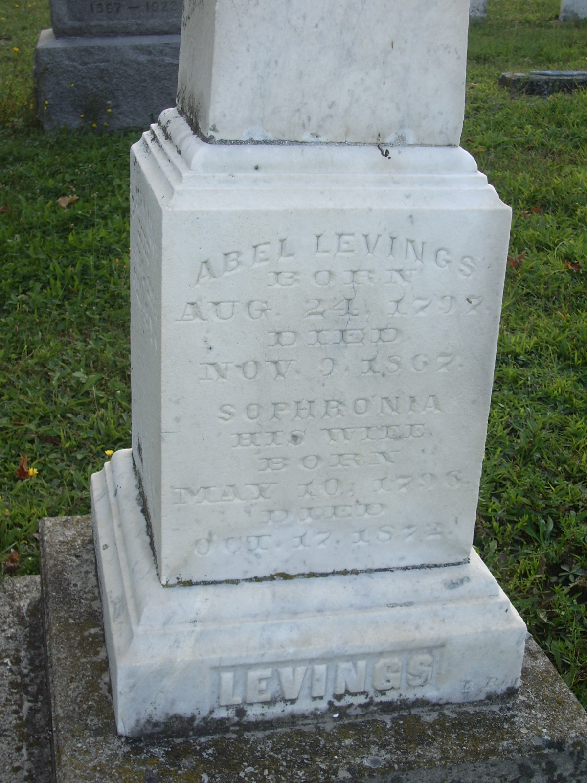 Grave marker for Abel Levings (1797-1867) & wife Sophronia Willard (1796-1872) in Maple Lawn Cemetery, Bethany, New York	