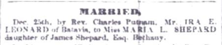 Newspaper clipping for Marriage of Ira Leonard & Maria Shepard